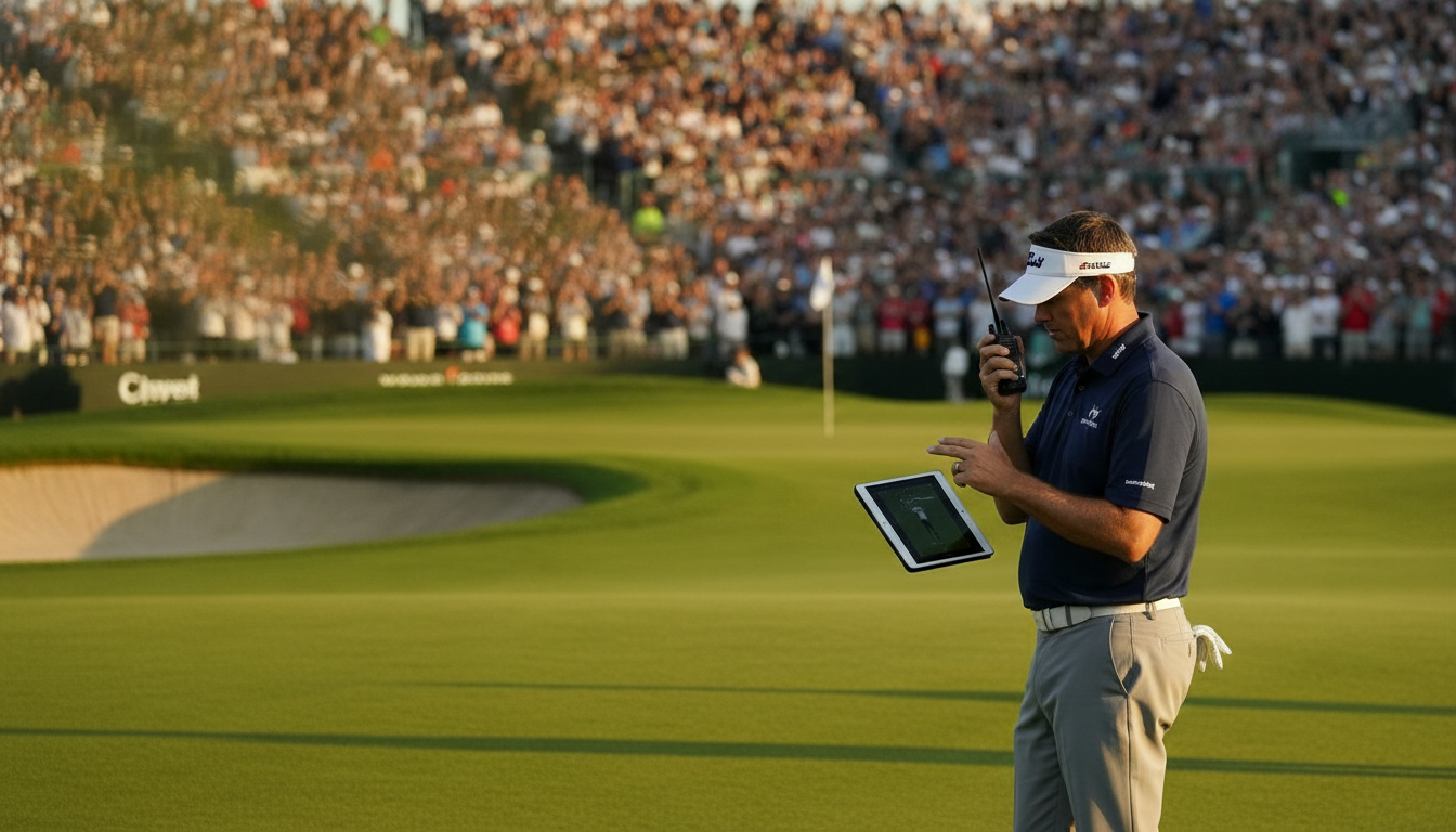 Un officiel de règles étudie une tablette montrant un replay vidéo près du green du 18, lors d'un championnat très suivi, lumière de fin d'après-midi, sans texte ni logo visible