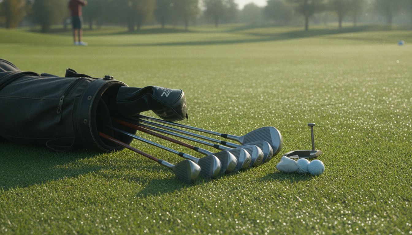 Närbild på en golfares bag på en solbelyst fairway med en uppsättning klubbor och en hylsa golfbollar prydligt utlagda på gräset, dagg fortfarande synlig, inga synliga logotyper eller text