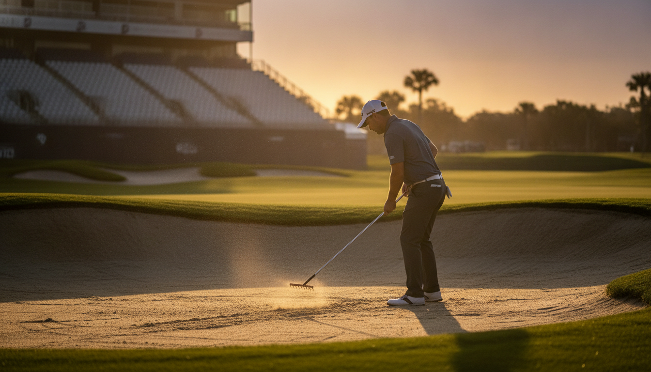 Een golfer die bij zonsondergang zand gladstrijkt in een bunker met een hark, met vervaagde tribunes op de achtergrond
