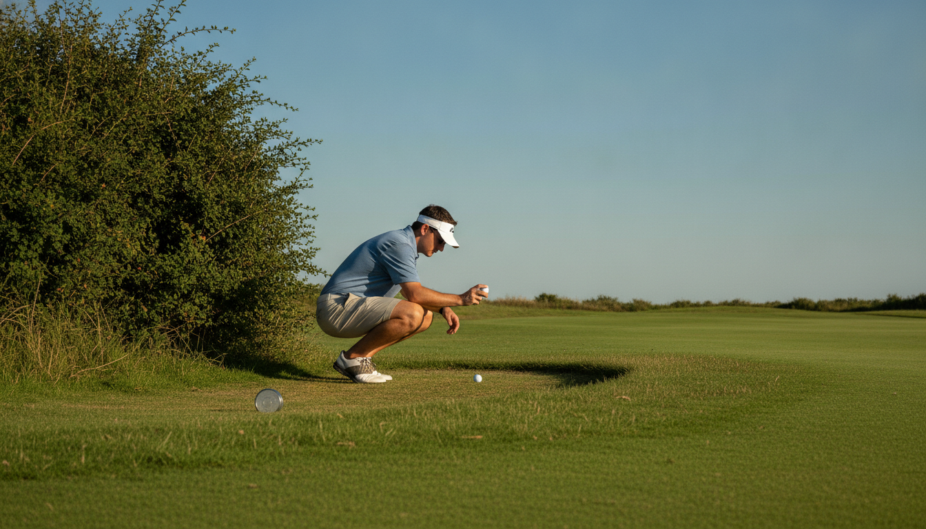 Een golfer hurkt naast een dichte struik aan de rand van een fairway, merker in de hand, en dropt een bal in een grasachtige dropplek onder een strakblauwe lucht.