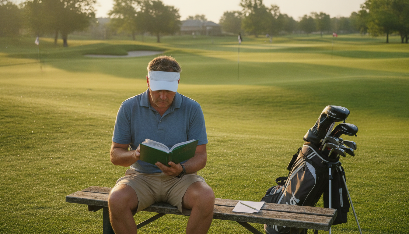 En klubbgolfare studerar en regelbok på en träbänk bredvid en solbelyst övningsgreen, med golfbag och scorekort i närheten.