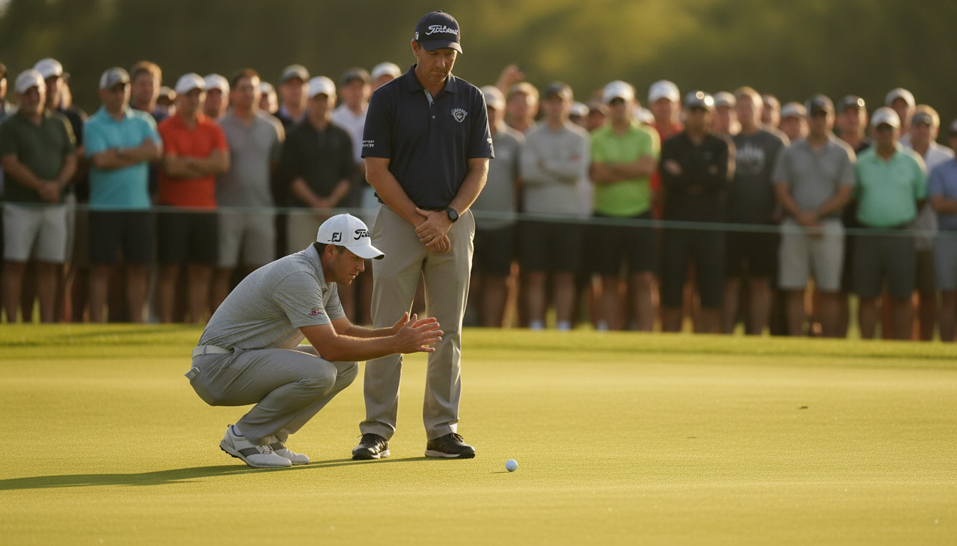 Ein Profigolfer kauert neben seinem Ball auf einem eng gemähten Fairway und untersucht genau dessen Lage, während ein Schiedsrichter mit Cap zuschaut und im Hintergrund verschwommen Zuschauer hinter den Absperrungen bei spätem Nachmittagslicht stehen.