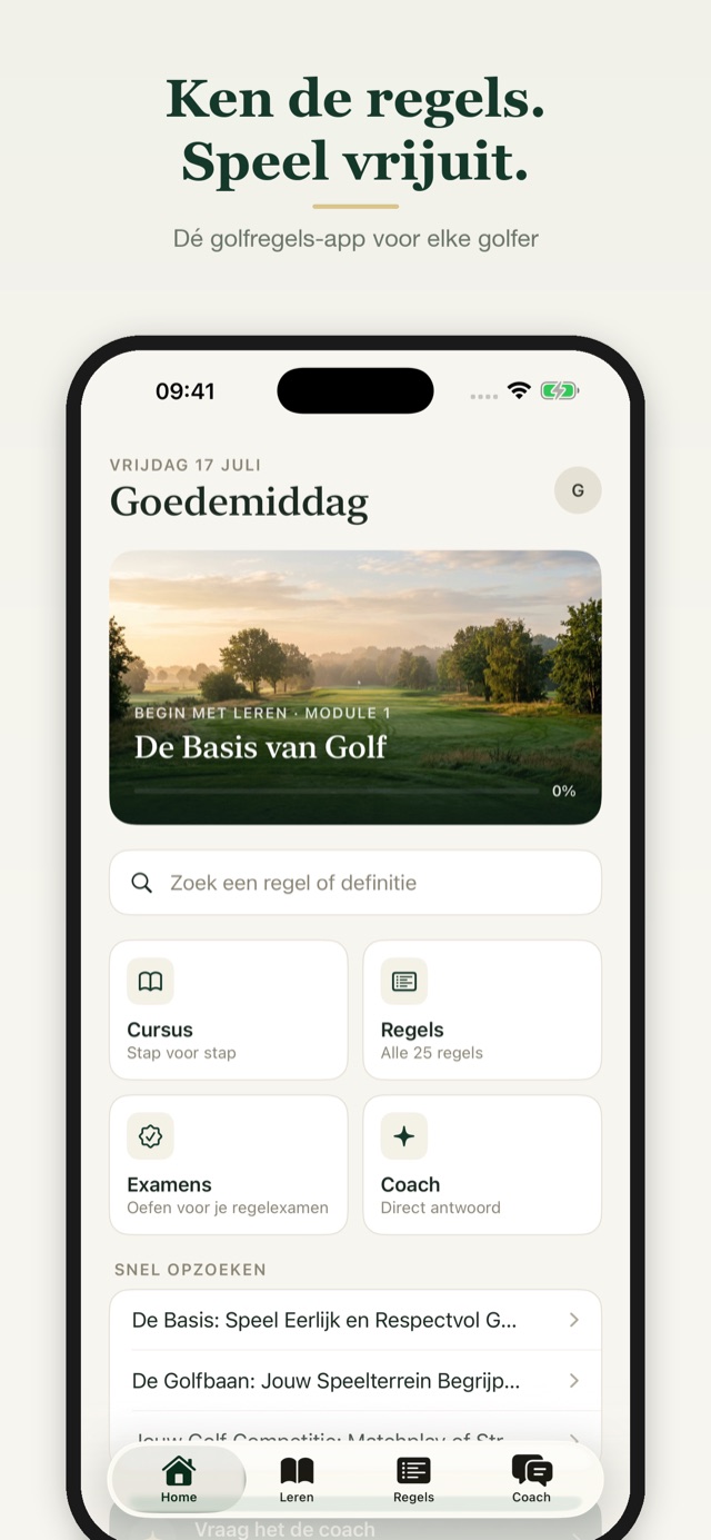 Homescherm van de Golfregels-app: Ken de regels, speel vrijuit