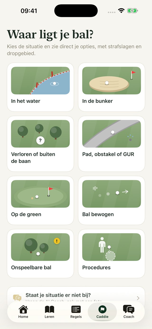 De Caddie: kies je situatie en zie direct je opties met strafslagen en dropgebied