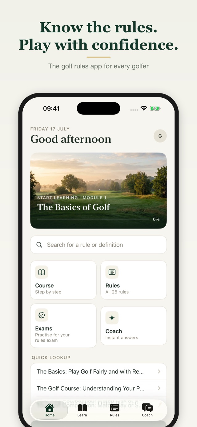 Startbildschirm der Golfregels-App: Kenne die Regeln, spiele frei